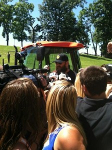 Brett Keisel arrives to training camp on a tractor